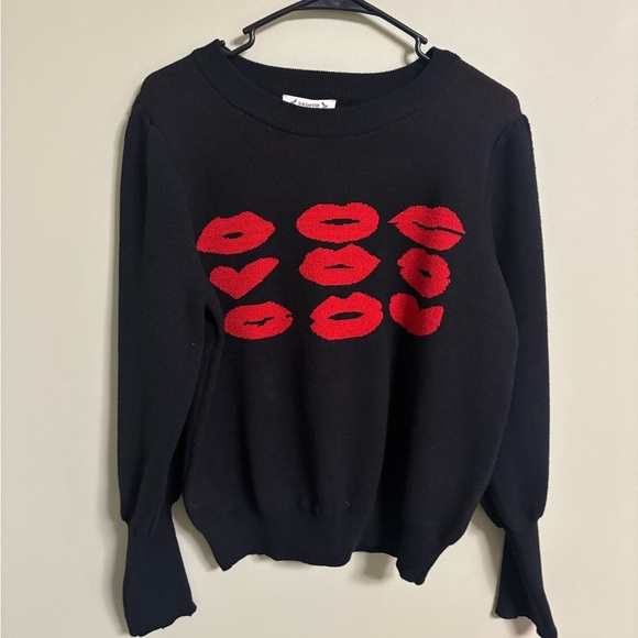 Nannette Lepore Hot Lips Sweater Black Red Hearts Valentines Size Medium New - Picture 1 of 7